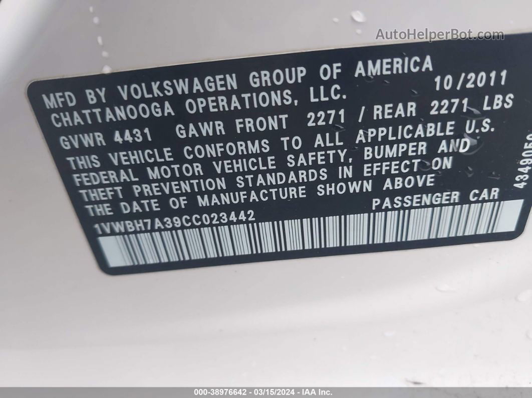 2012 Volkswagen Passat 2.5l Se White vin: 1VWBH7A39CC023442