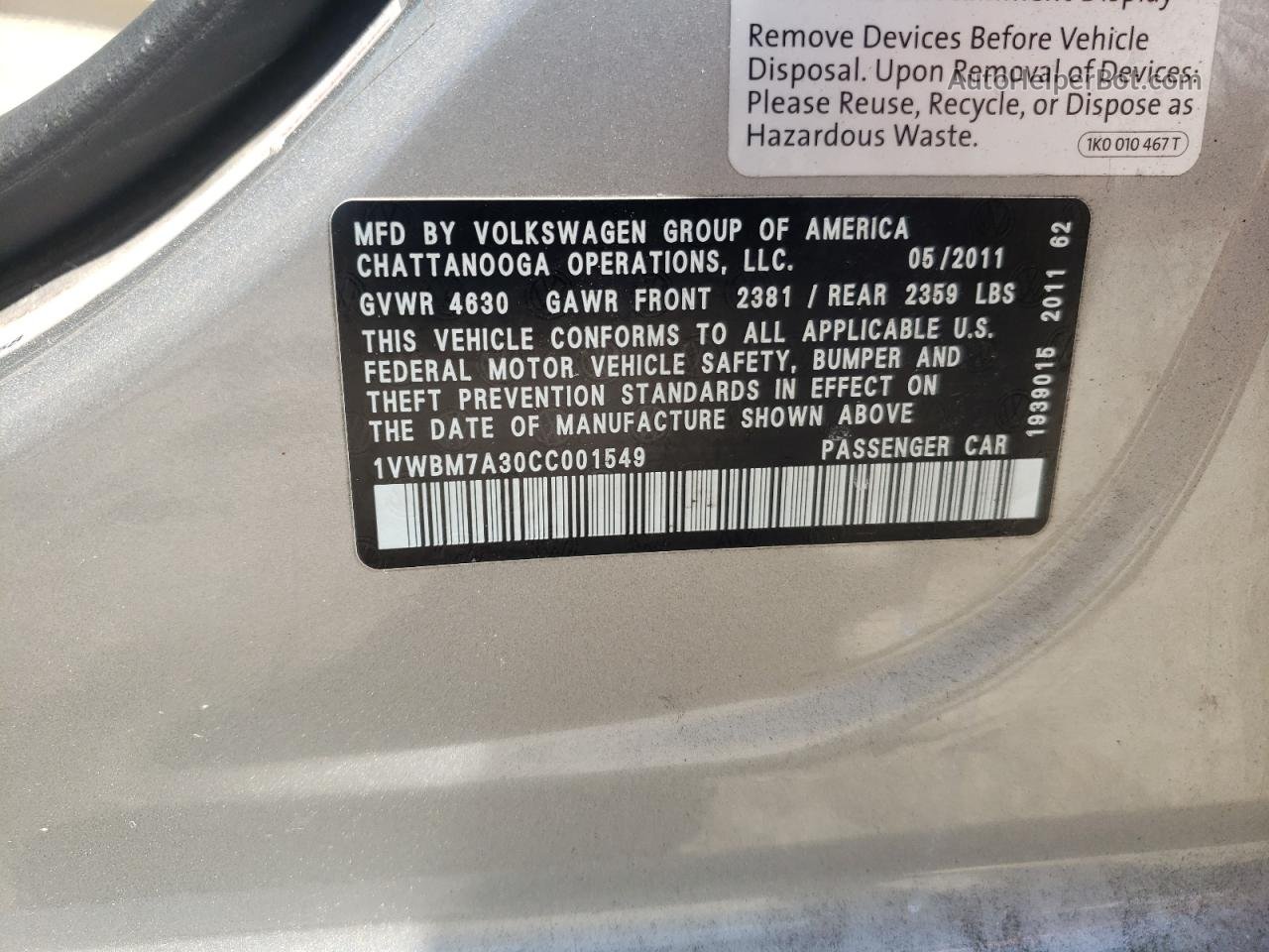 2012 Volkswagen Passat Se Silver vin: 1VWBM7A30CC001549