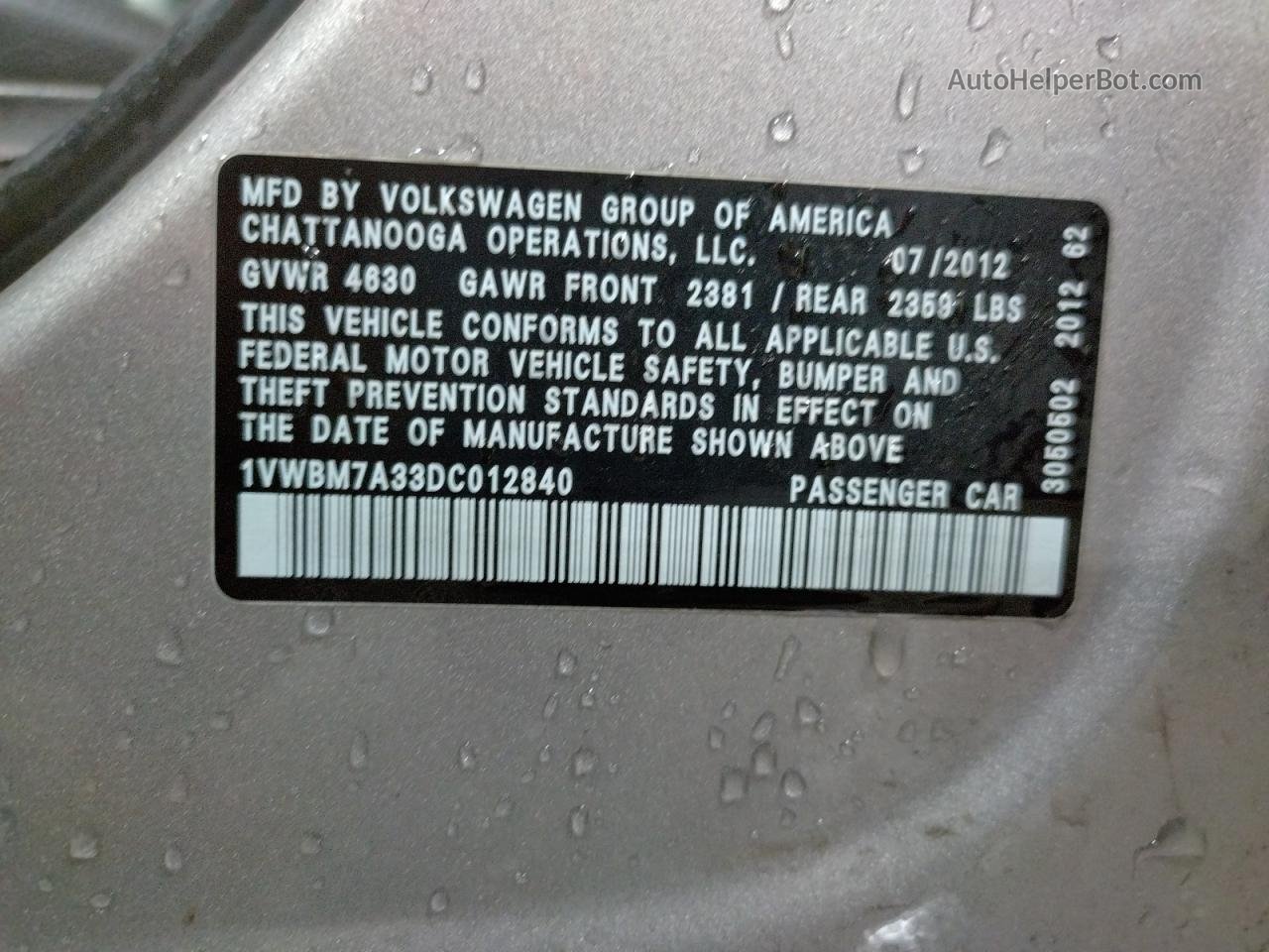 2013 Volkswagen Passat Se Silver vin: 1VWBM7A33DC012840