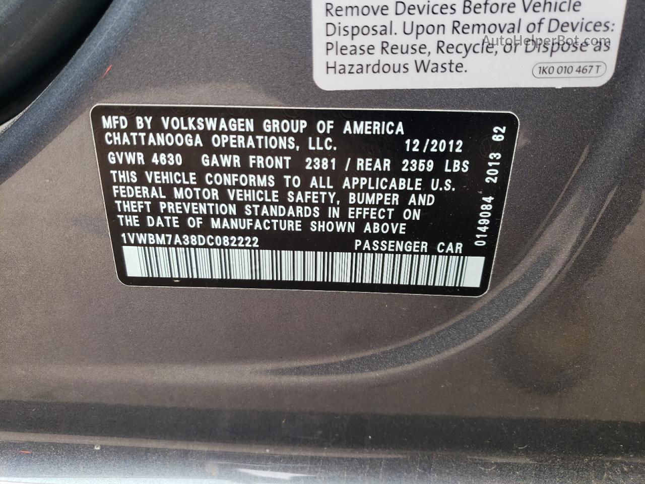 2013 Volkswagen Passat Se Gray vin: 1VWBM7A38DC082222