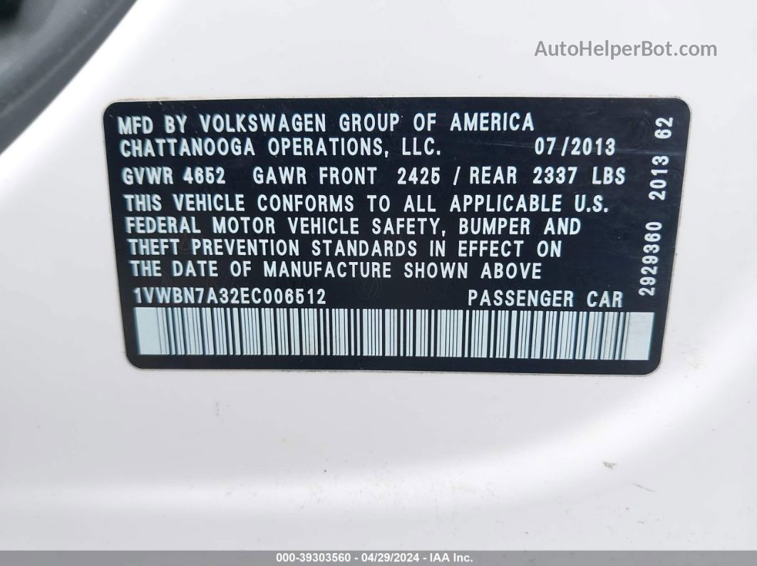 2014 Volkswagen Passat 2.0l Tdi Se White vin: 1VWBN7A32EC006512