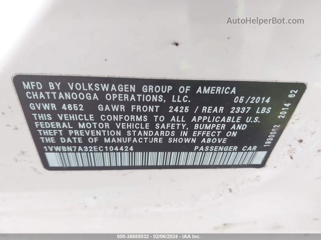 2014 Volkswagen Passat 2.0l Tdi Se White vin: 1VWBN7A32EC104424