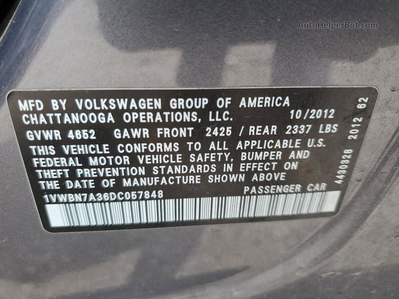 2013 Volkswagen Passat Se Gray vin: 1VWBN7A36DC057848