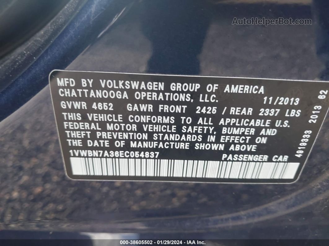 2014 Volkswagen Passat 2.0l Tdi Se Синий vin: 1VWBN7A36EC054837