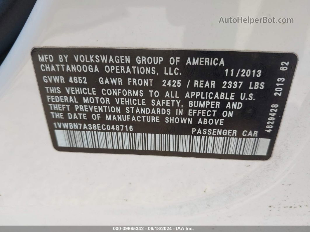 2014 Volkswagen Passat 2.0l Tdi Se White vin: 1VWBN7A38EC048716