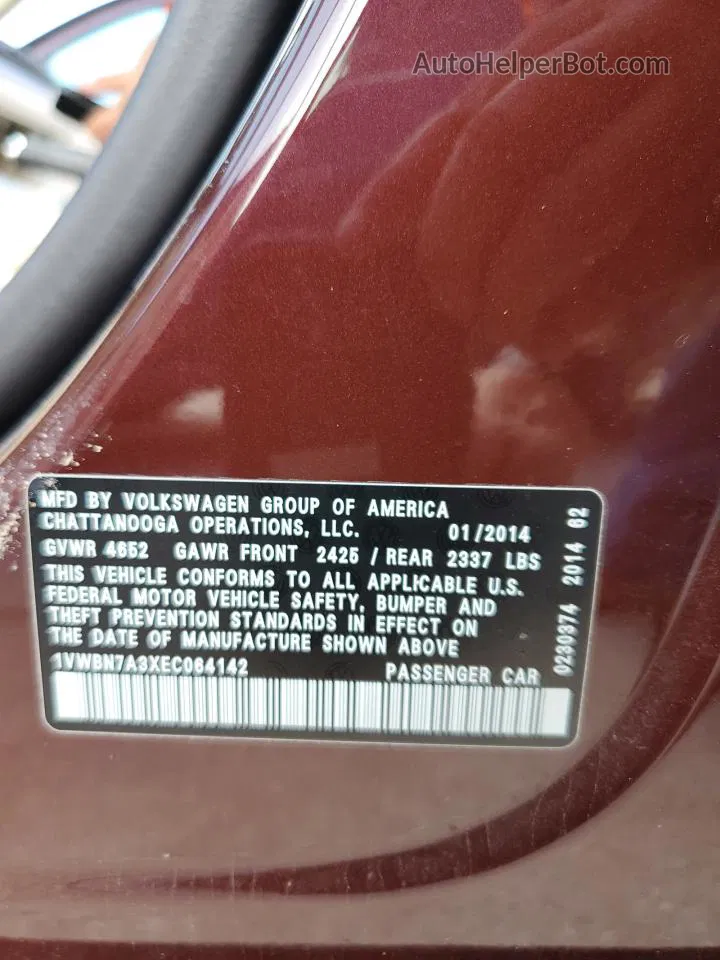 2014 Volkswagen Passat Se Maroon vin: 1VWBN7A3XEC064142