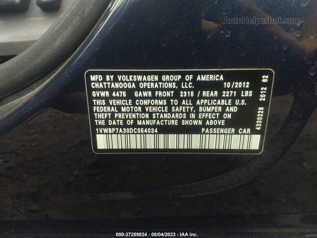 2013 Volkswagen Passat Se Dark Blue vin: 1VWBP7A30DC054034