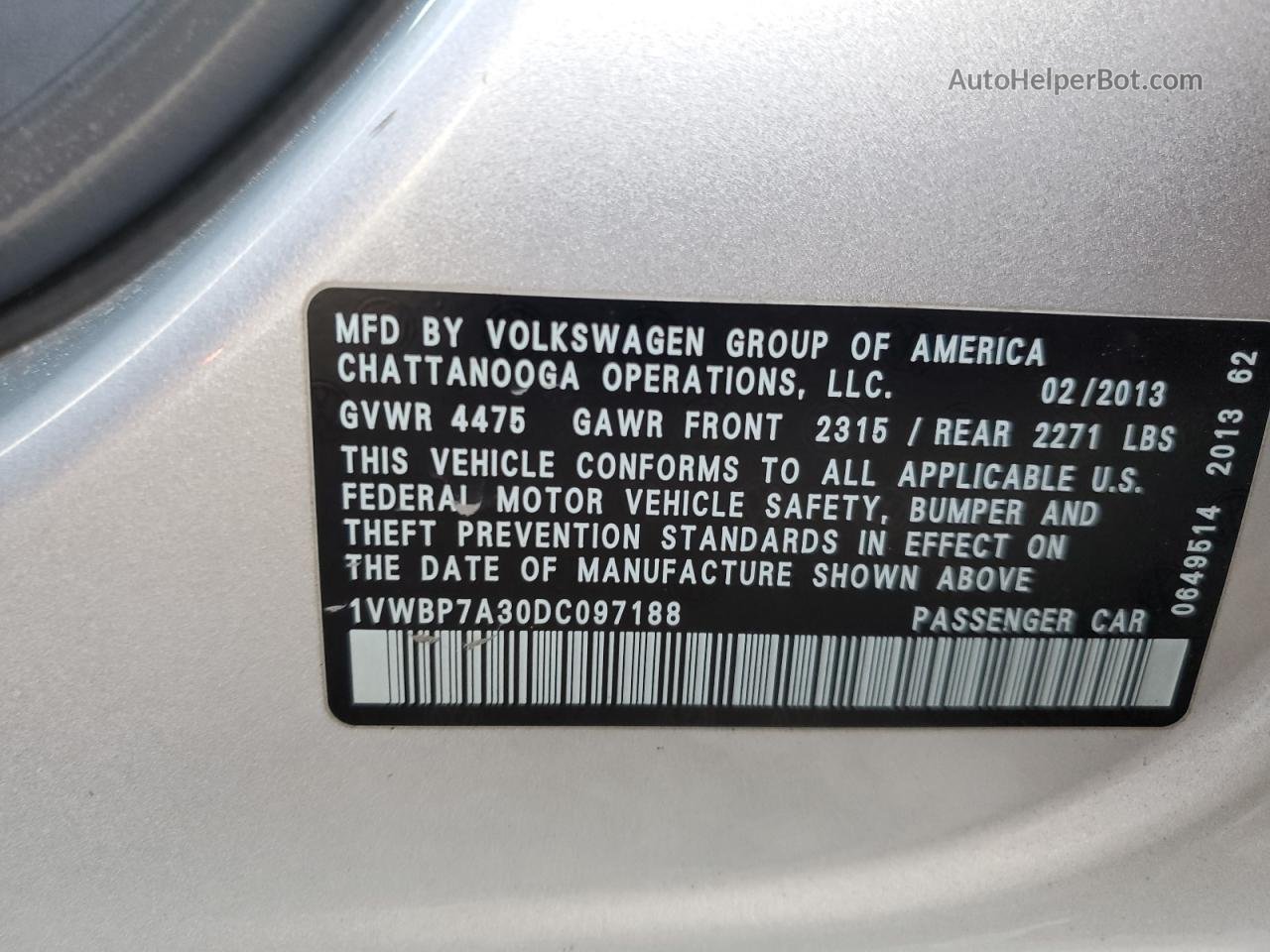 2013 Volkswagen Passat Se Silver vin: 1VWBP7A30DC097188
