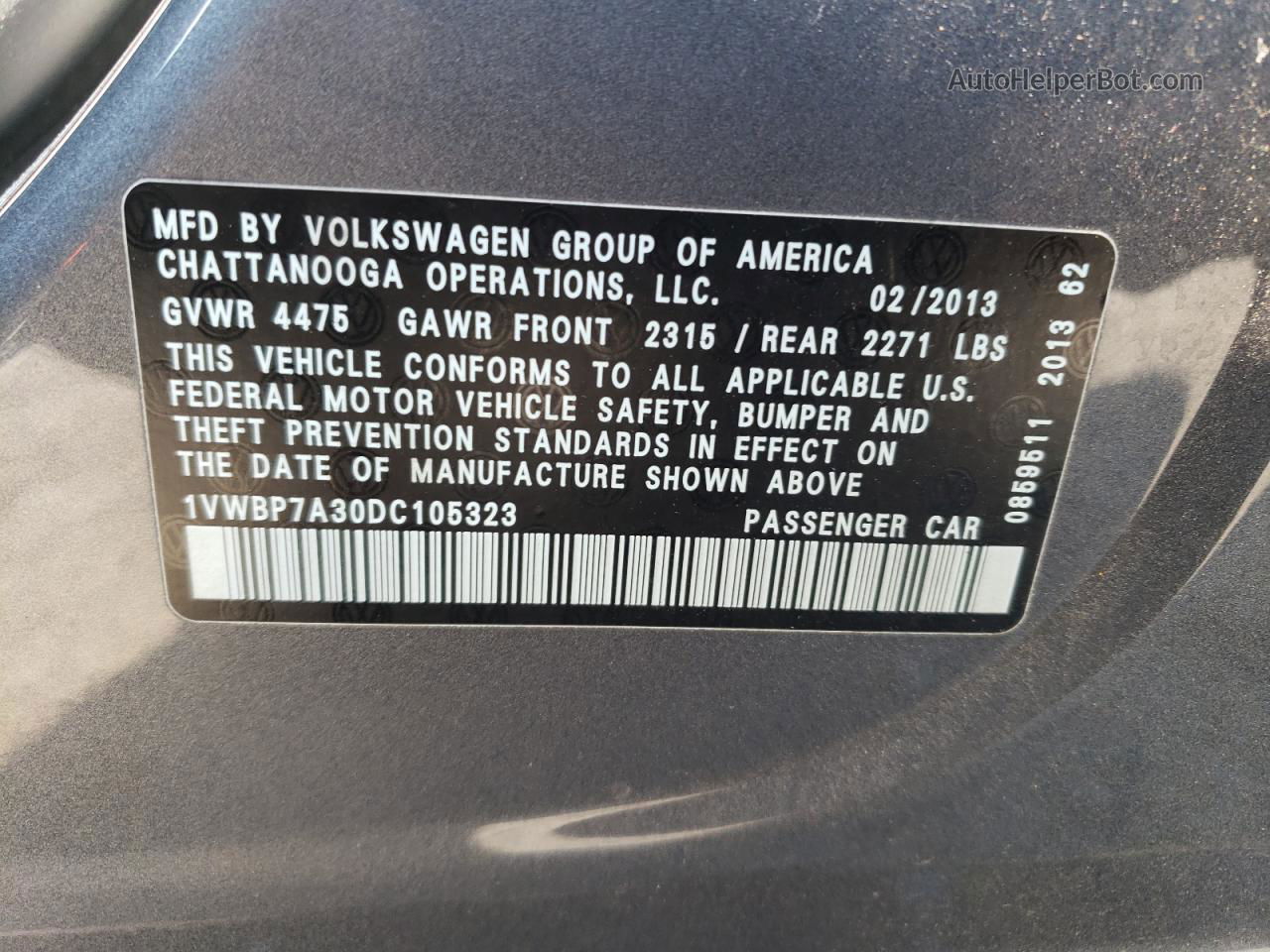 2013 Volkswagen Passat Se Gray vin: 1VWBP7A30DC105323