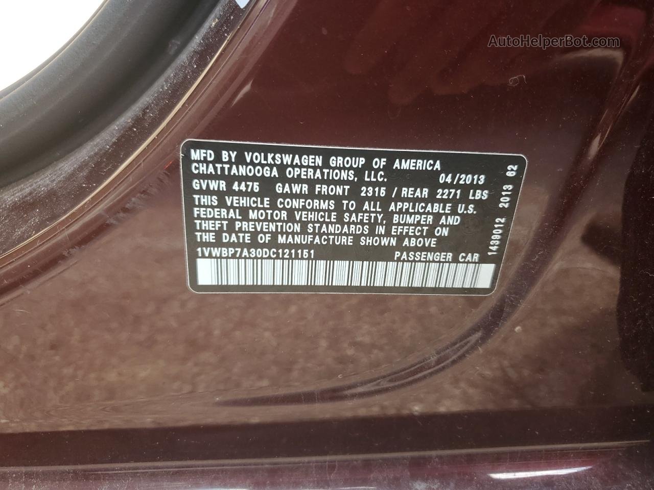 2013 Volkswagen Passat Se Темно-бордовый vin: 1VWBP7A30DC121151