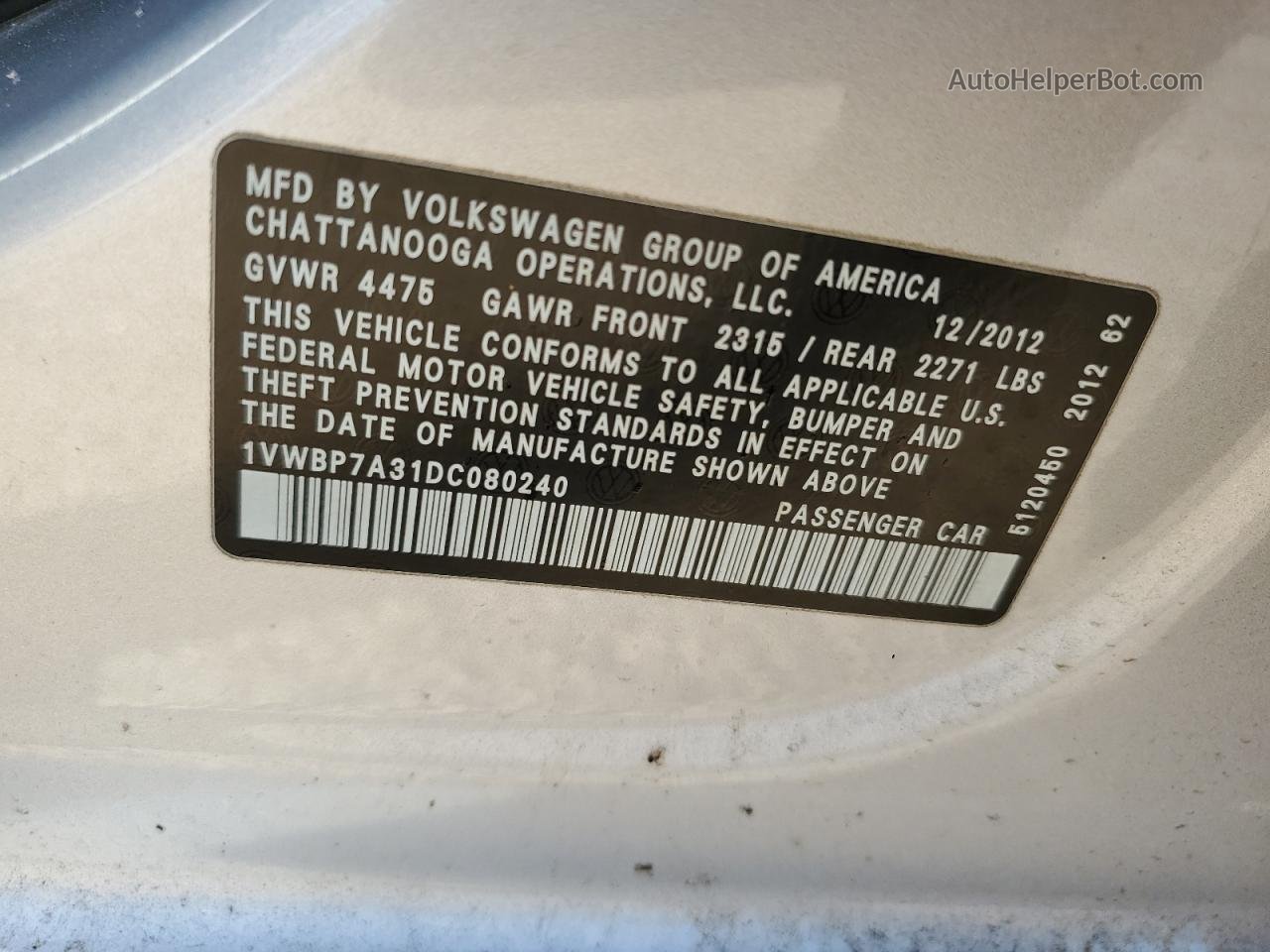 2013 Volkswagen Passat Se Silver vin: 1VWBP7A31DC080240