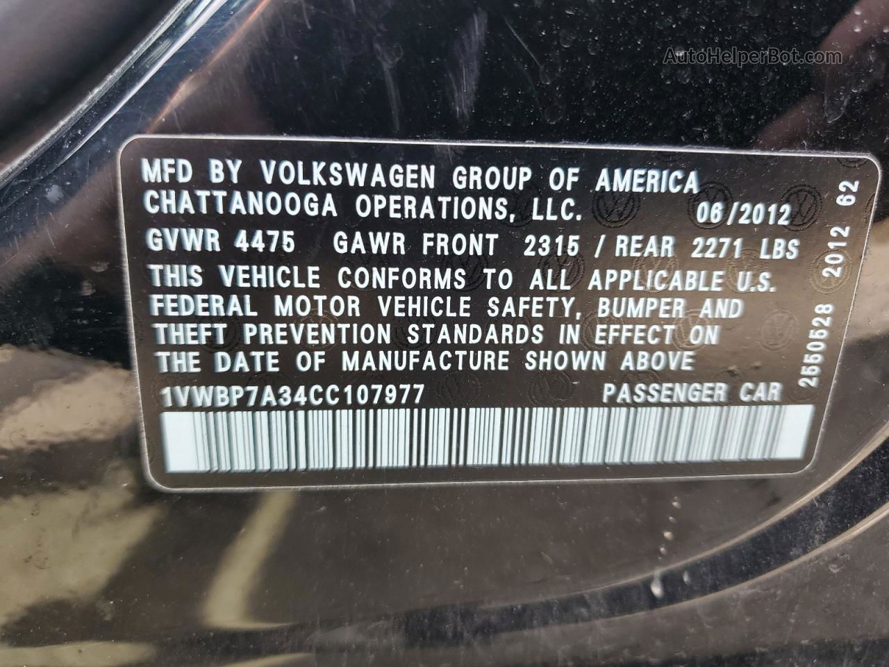 2012 Volkswagen Passat Se Черный vin: 1VWBP7A34CC107977