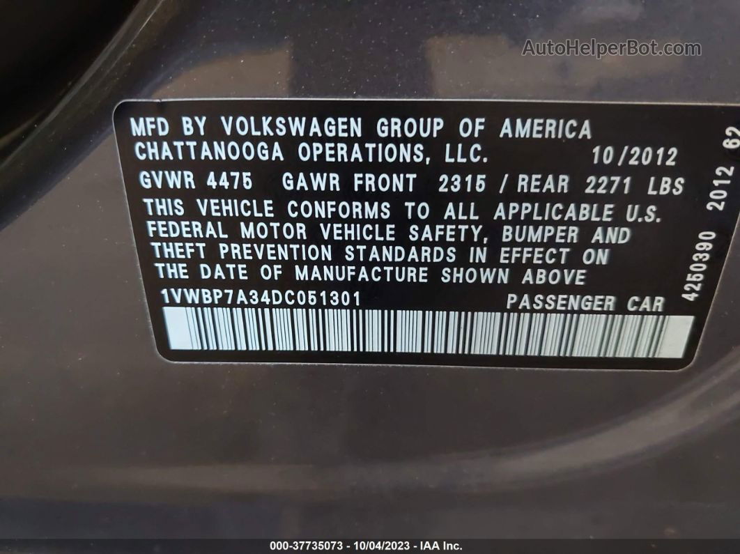 2013 Volkswagen Passat Se Серебряный vin: 1VWBP7A34DC051301