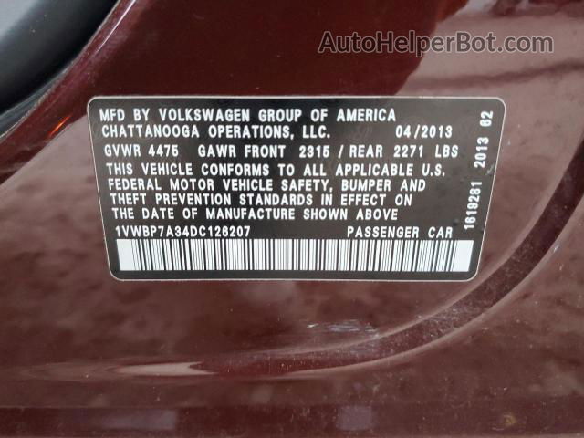 2013 Volkswagen Passat Se Burgundy vin: 1VWBP7A34DC126207