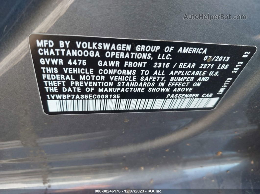 2014 Volkswagen Passat 2.5l Se Серый vin: 1VWBP7A35EC008135