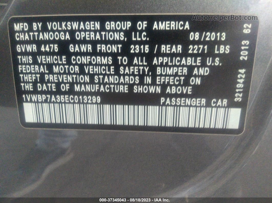 2014 Volkswagen Passat Se Gray vin: 1VWBP7A35EC013299