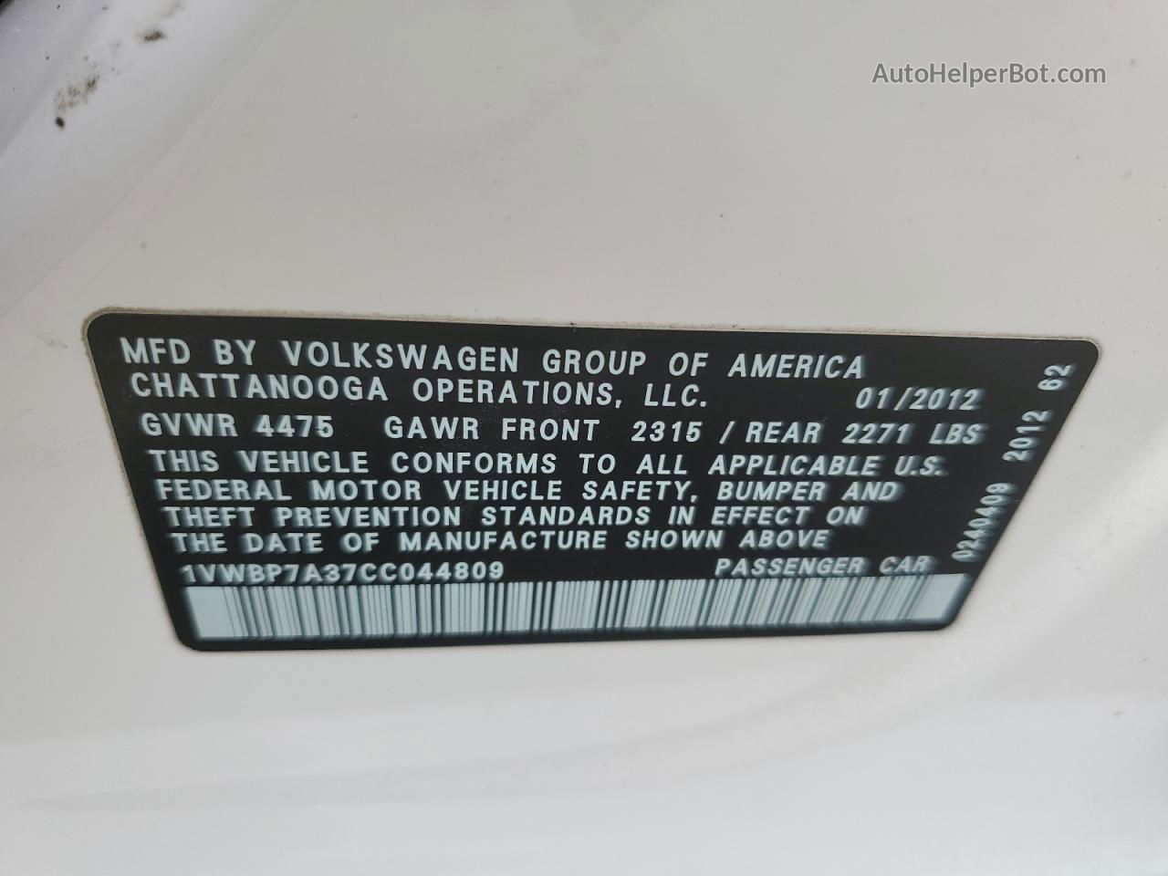 2012 Volkswagen Passat Se White vin: 1VWBP7A37CC044809