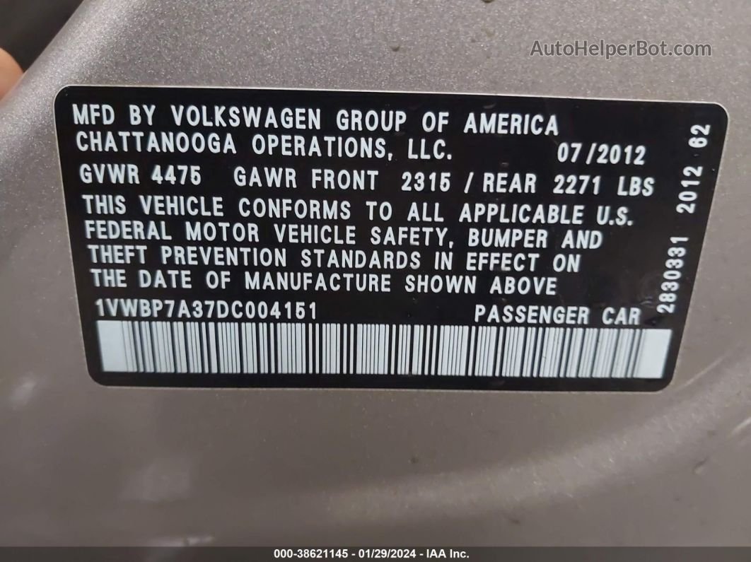 2013 Volkswagen Passat 2.5l Se Silver vin: 1VWBP7A37DC004151