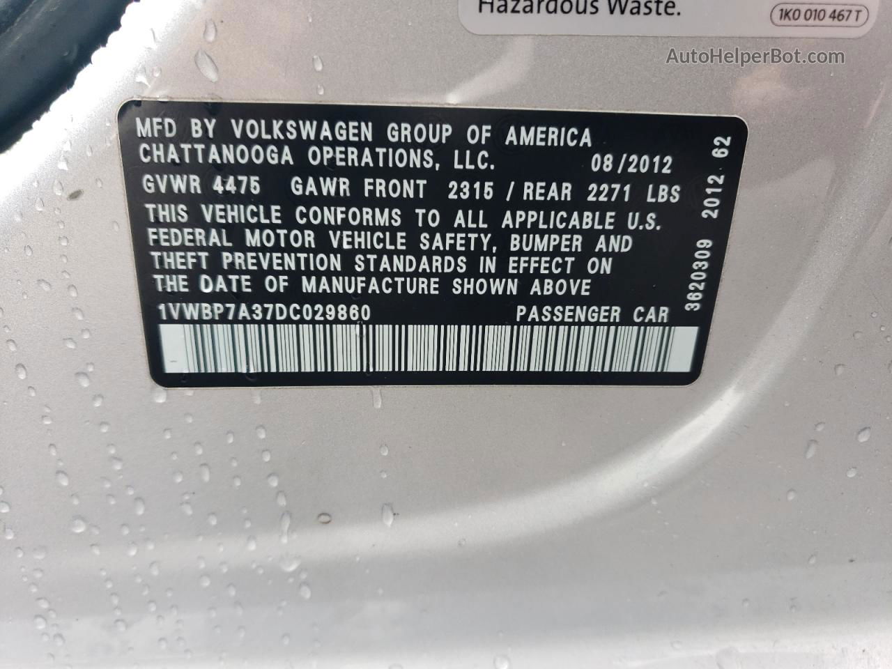 2013 Volkswagen Passat Se Silver vin: 1VWBP7A37DC029860