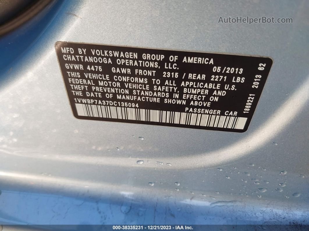 2013 Volkswagen Passat 2.5l Se Light Blue vin: 1VWBP7A37DC135094