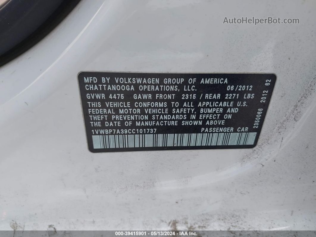 2012 Volkswagen Passat 2.5l Se White vin: 1VWBP7A39CC101737