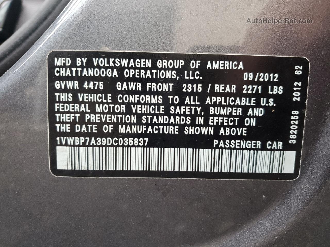 2013 Volkswagen Passat Se Gray vin: 1VWBP7A39DC035837