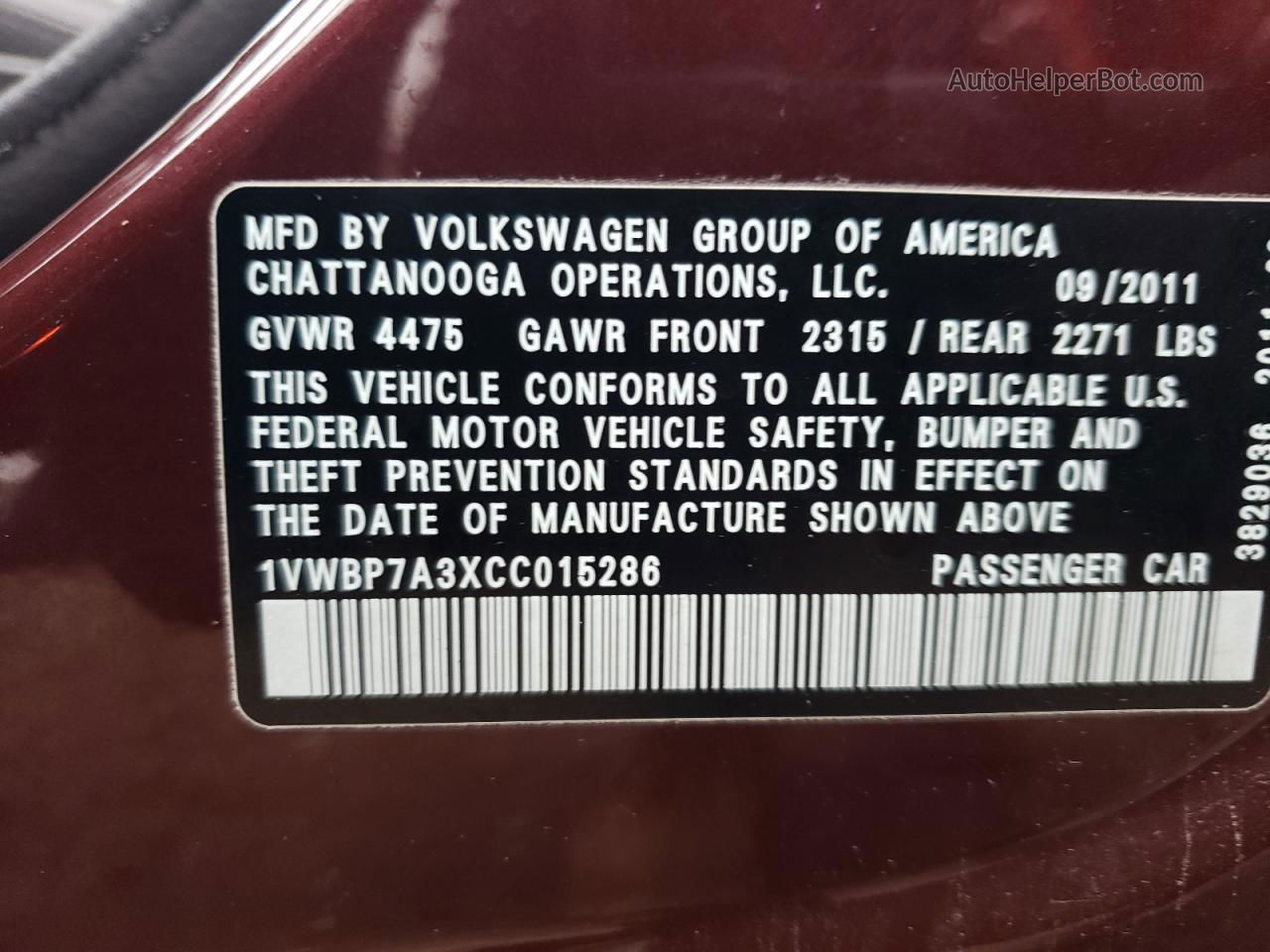 2012 Volkswagen Passat Se Maroon vin: 1VWBP7A3XCC015286