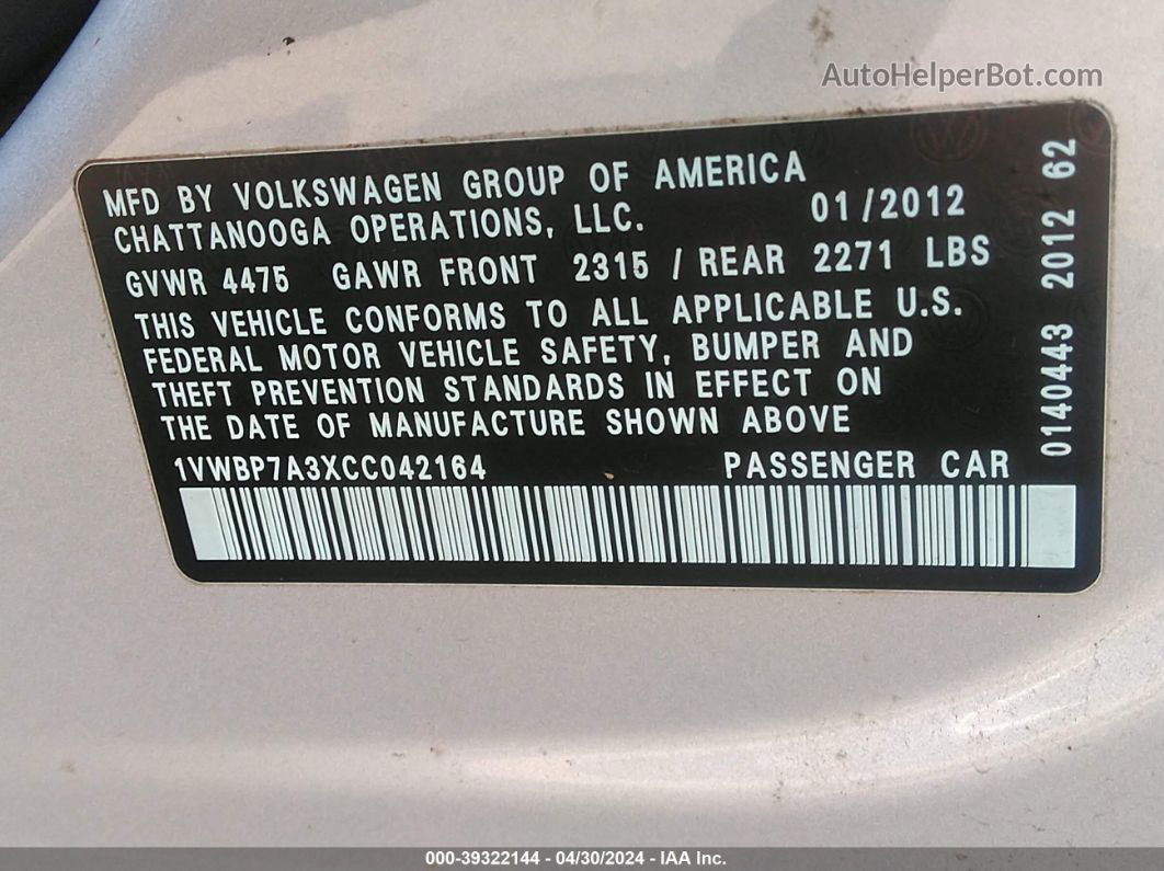 2012 Volkswagen Passat 2.5l Se Серебряный vin: 1VWBP7A3XCC042164