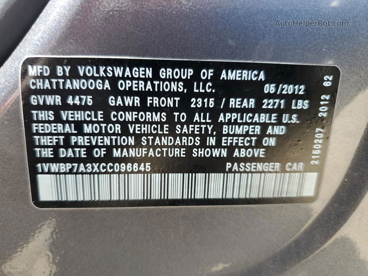 2012 Volkswagen Passat Se Gray vin: 1VWBP7A3XCC096645