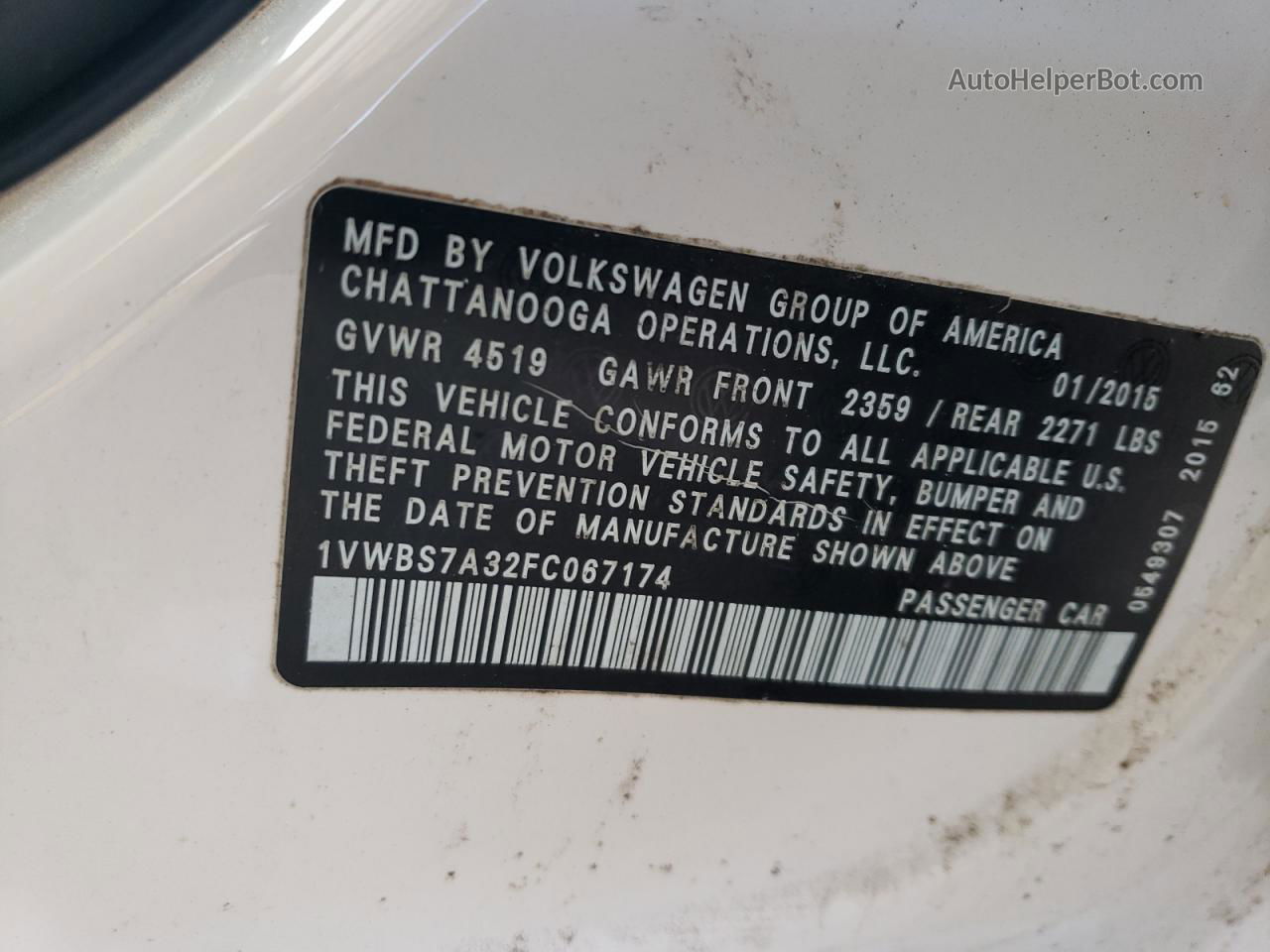 2015 Volkswagen Passat Se Белый vin: 1VWBS7A32FC067174