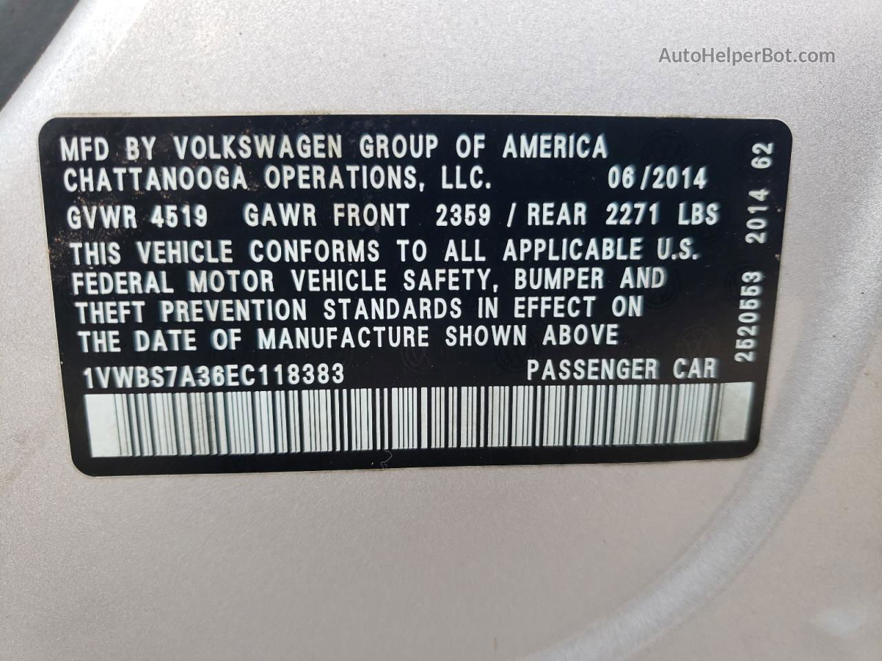 2014 Volkswagen Passat Se Silver vin: 1VWBS7A36EC118383
