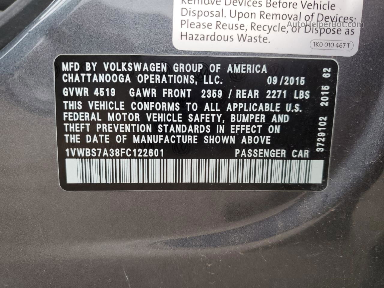 2015 Volkswagen Passat Se Gray vin: 1VWBS7A38FC122601