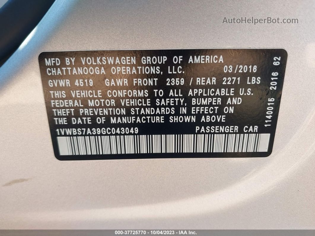 2016 Volkswagen Passat 1.8t Se Silver vin: 1VWBS7A39GC043049