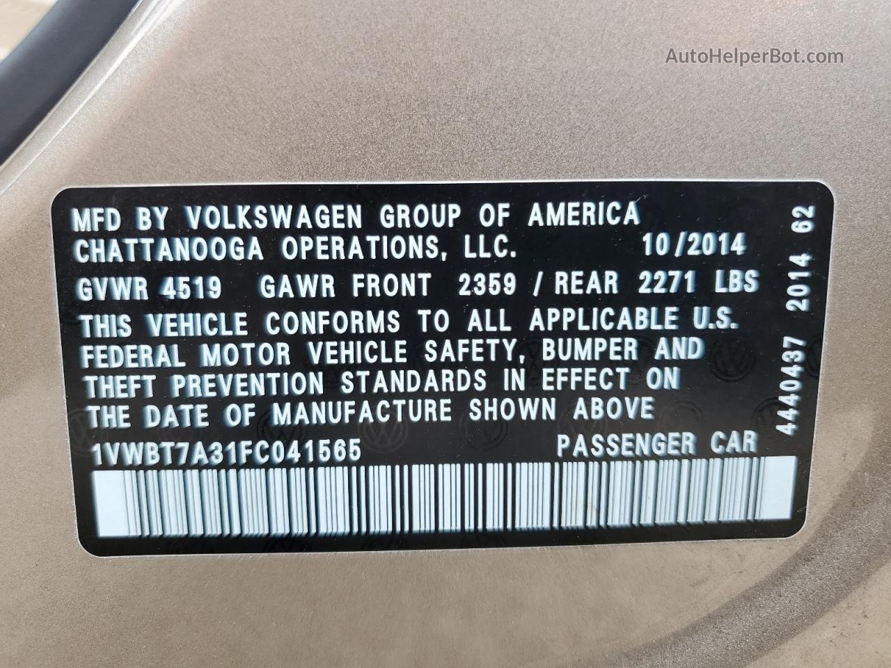 2015 Volkswagen Passat Se Gold vin: 1VWBT7A31FC041565