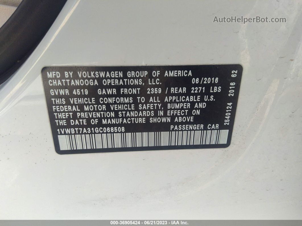 2016 Volkswagen Passat 1.8t Se White vin: 1VWBT7A31GC068508