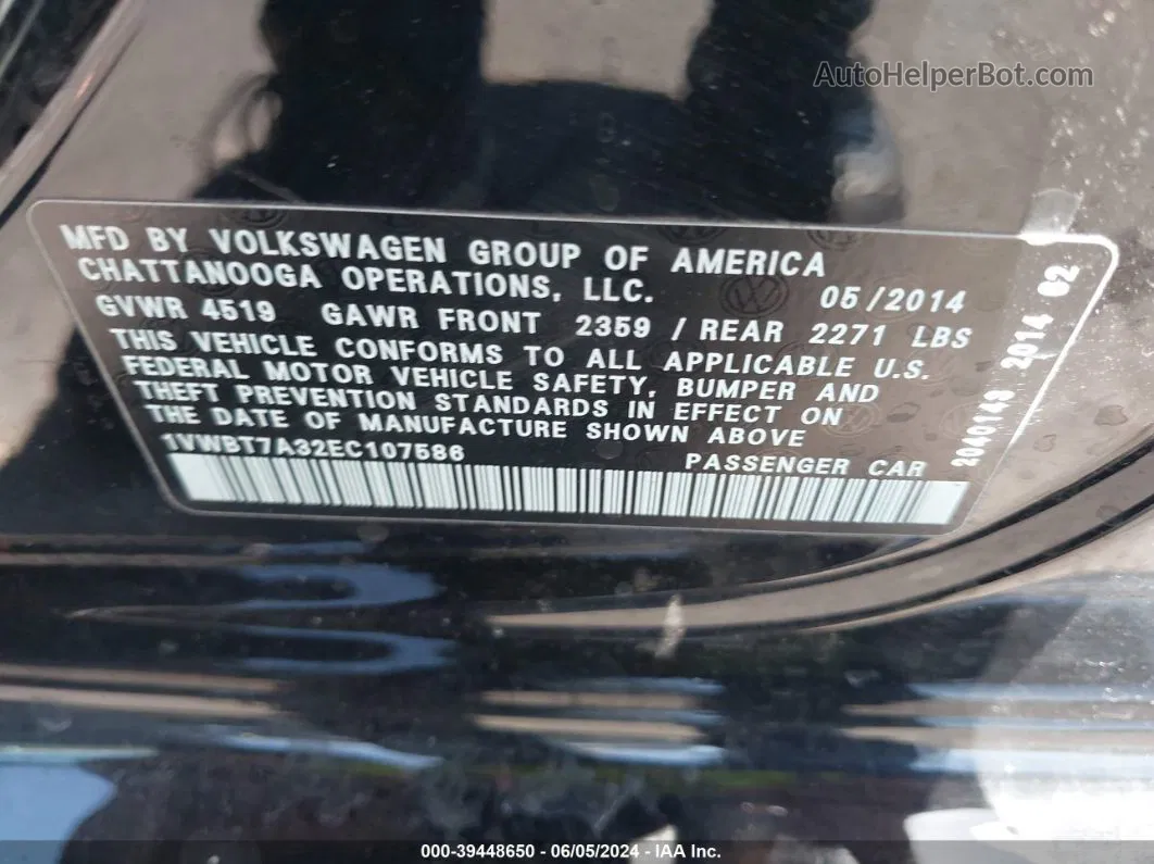 2014 Volkswagen Passat 1.8t Se Черный vin: 1VWBT7A32EC107586