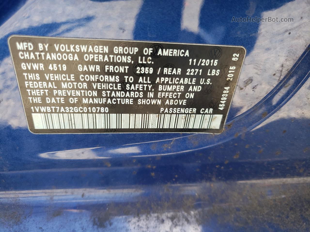 2016 Volkswagen Passat Se Blue vin: 1VWBT7A32GC010780