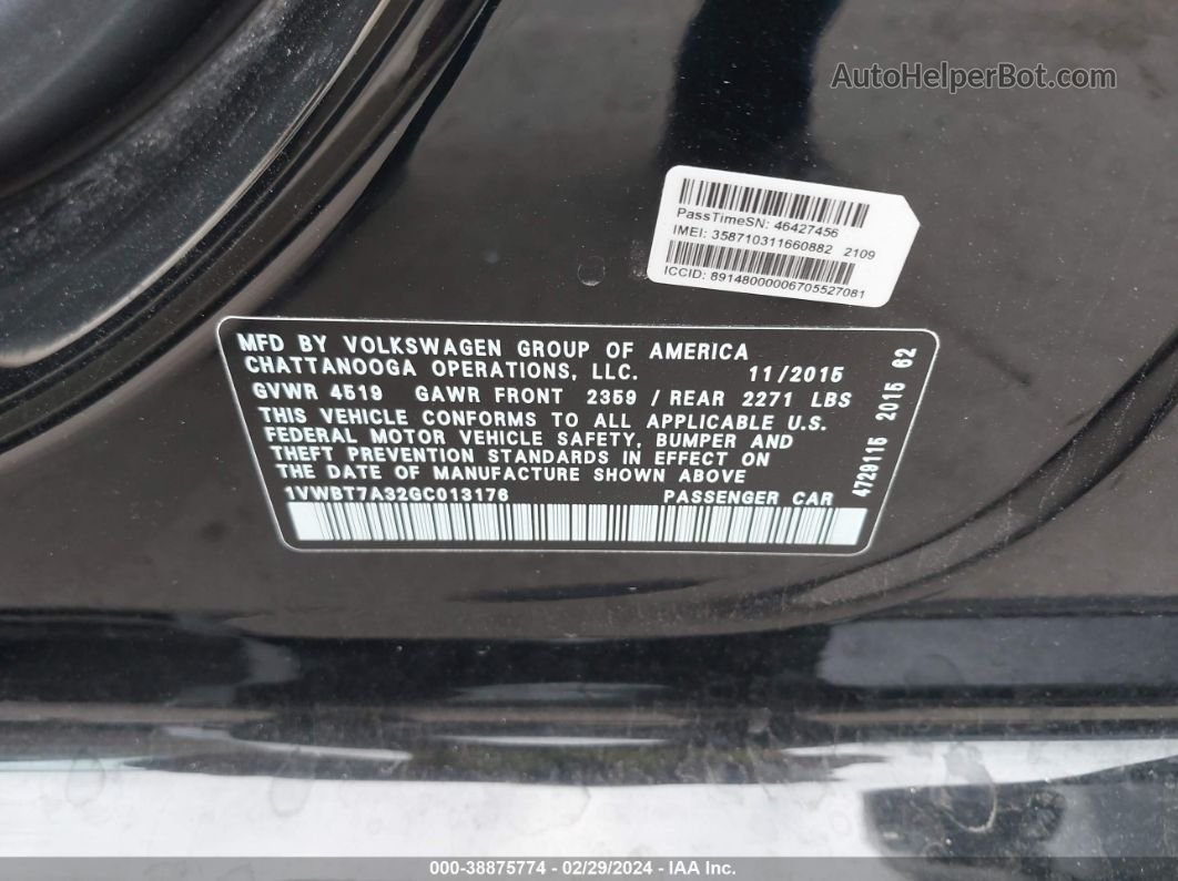 2016 Volkswagen Passat 1.8t Se Черный vin: 1VWBT7A32GC013176