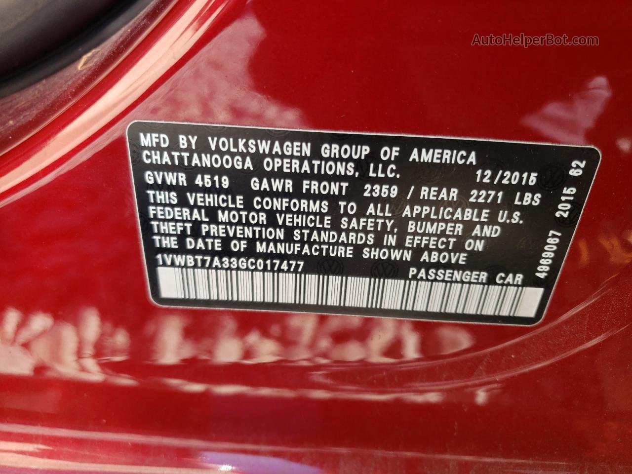2016 Volkswagen Passat Se Red vin: 1VWBT7A33GC017477