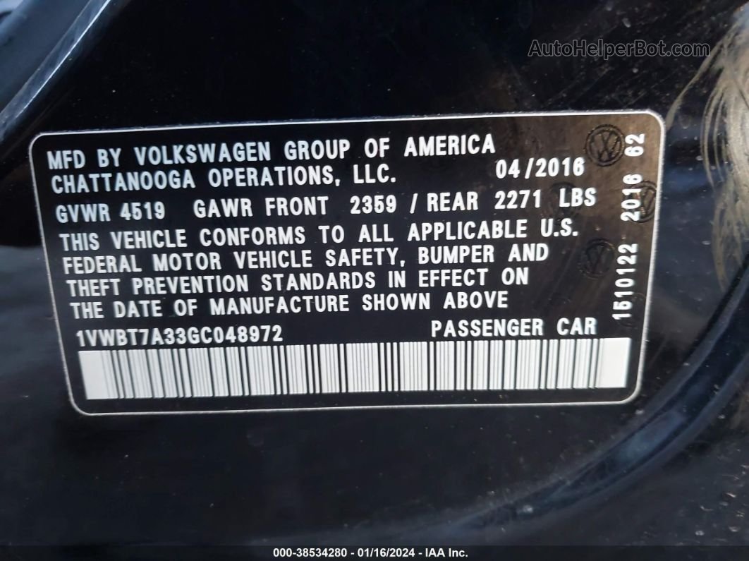 2016 Volkswagen Passat 1.8t Se Черный vin: 1VWBT7A33GC048972