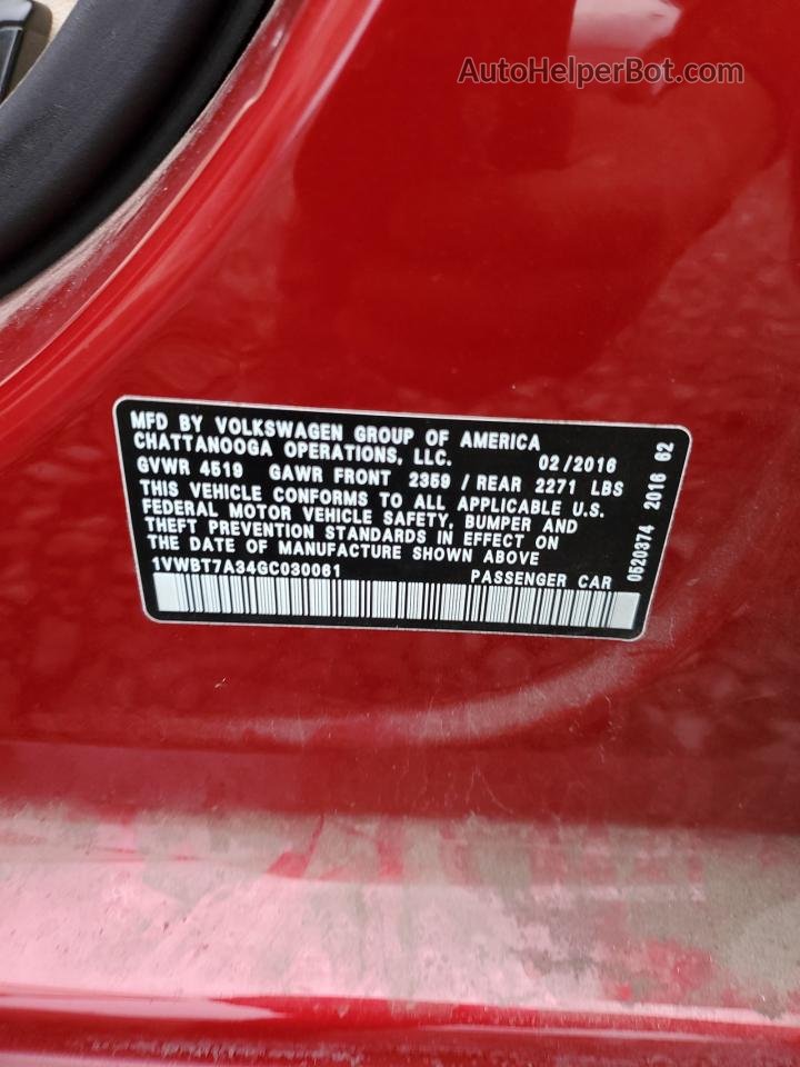 2016 Volkswagen Passat Se Red vin: 1VWBT7A34GC030061