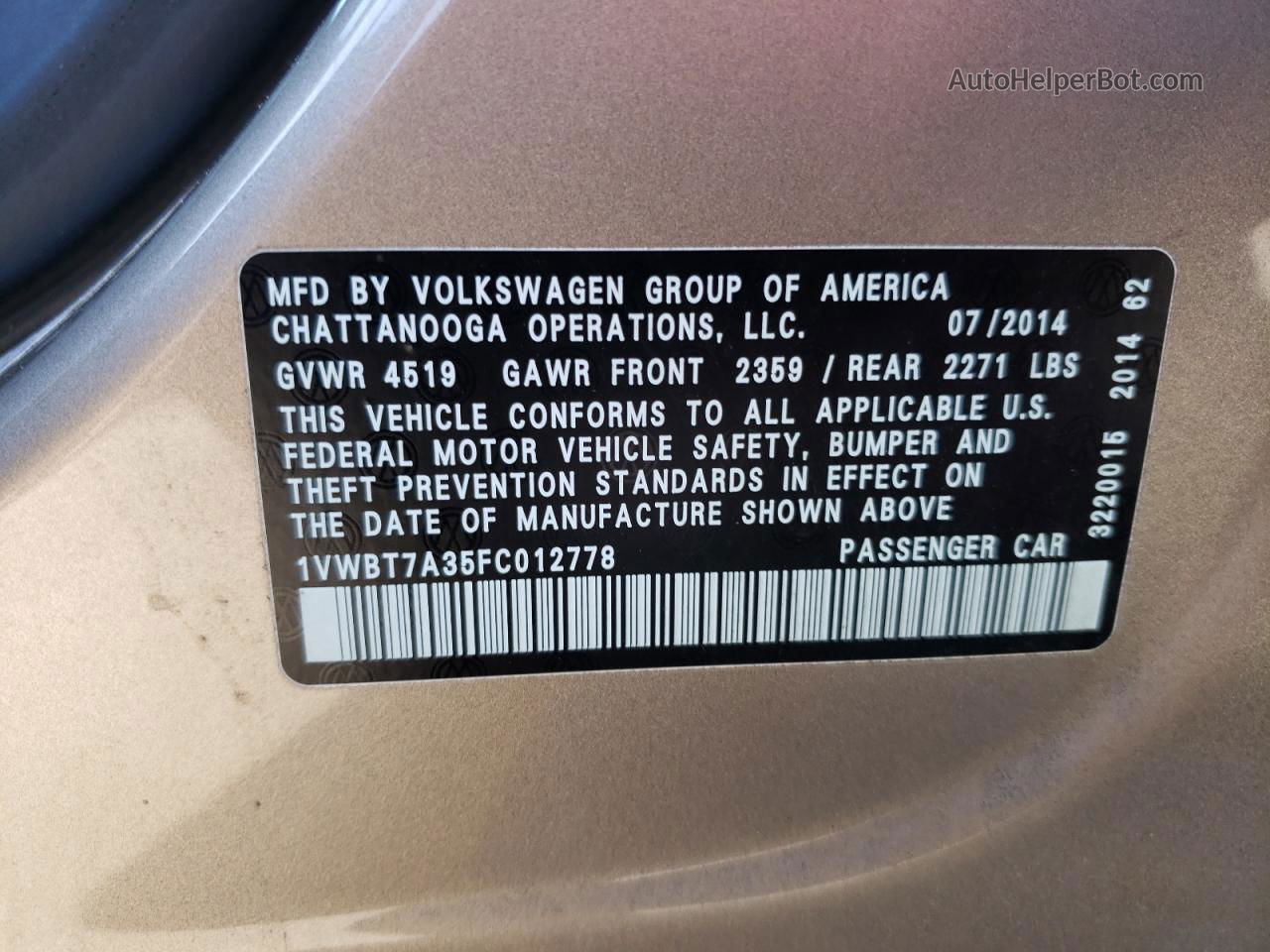 2015 Volkswagen Passat Se Gold vin: 1VWBT7A35FC012778