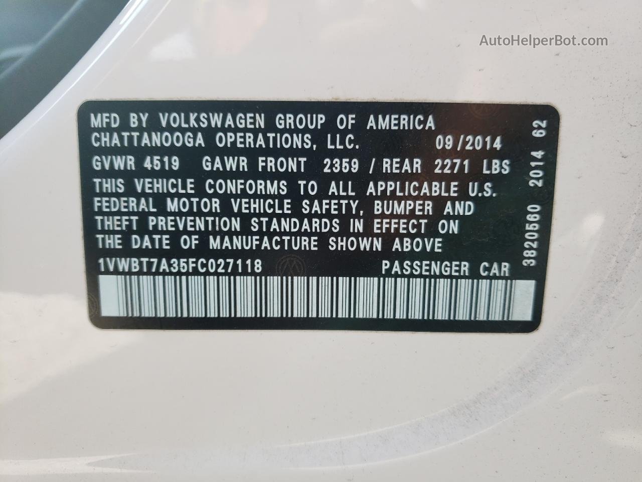 2015 Volkswagen Passat Se White vin: 1VWBT7A35FC027118