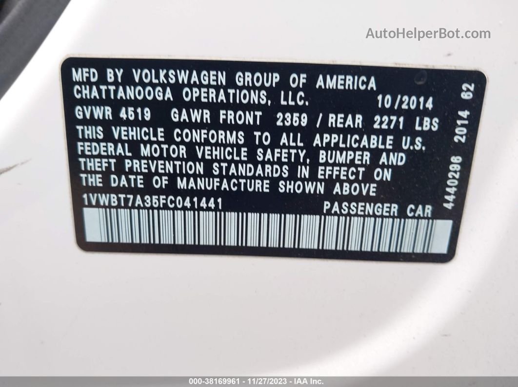 2015 Volkswagen Passat 1.8t Sport Белый vin: 1VWBT7A35FC041441