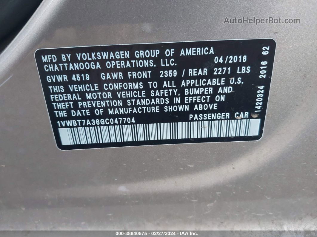 2016 Volkswagen Passat 1.8t Se Gold vin: 1VWBT7A36GC047704