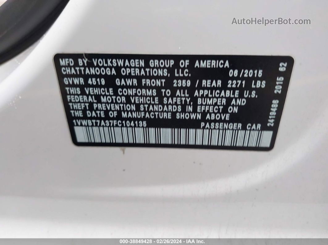 2015 Volkswagen Passat 1.8t Se White vin: 1VWBT7A37FC104135