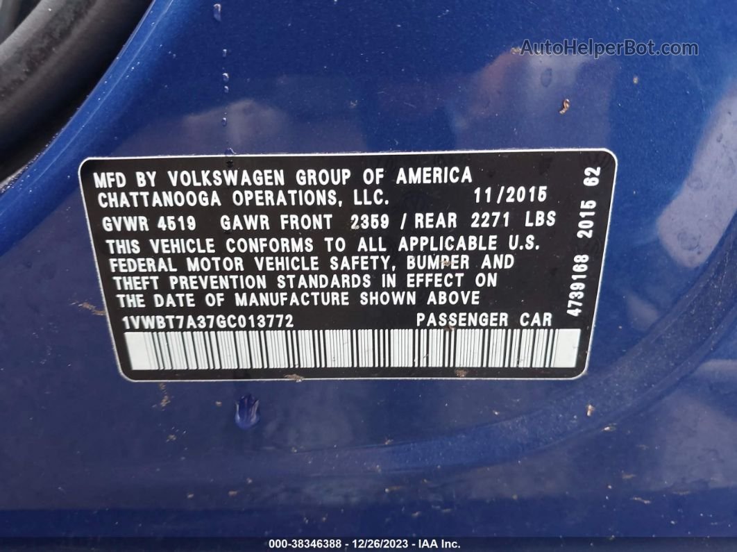 2016 Volkswagen Passat 1.8t Se Blue vin: 1VWBT7A37GC013772