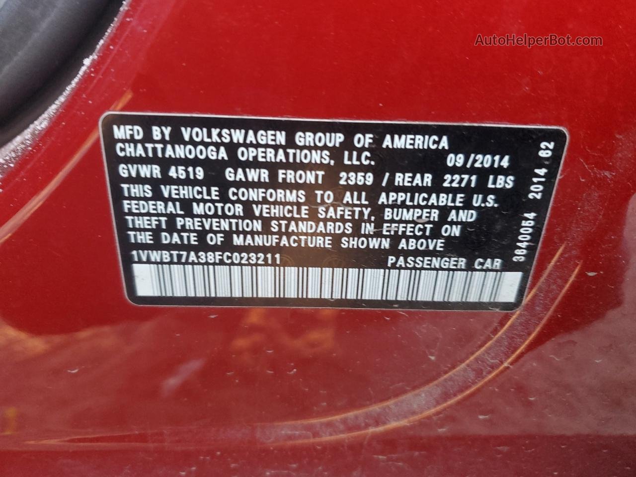 2015 Volkswagen Passat Se Red vin: 1VWBT7A38FC023211