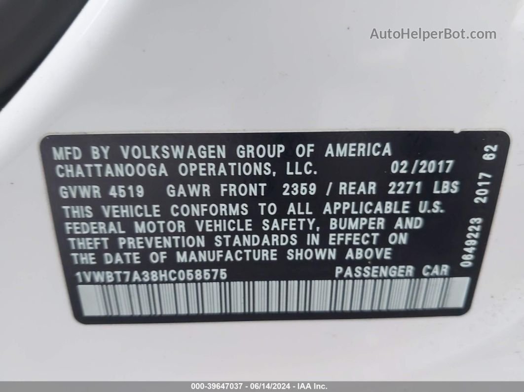 2017 Volkswagen Passat 1.8t Se White vin: 1VWBT7A38HC058575