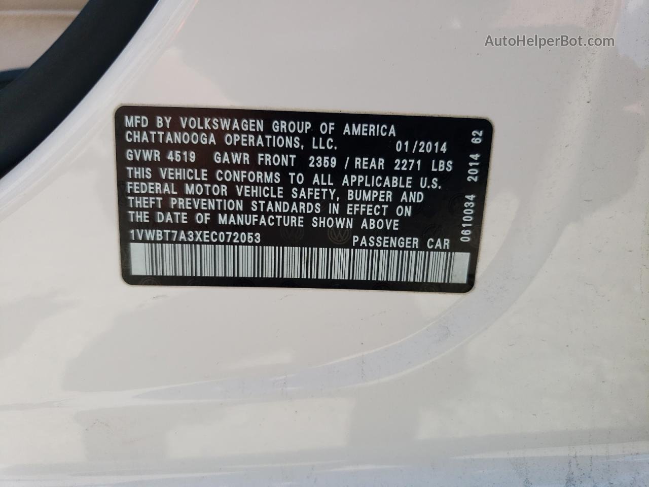 2014 Volkswagen Passat Se White vin: 1VWBT7A3XEC072053